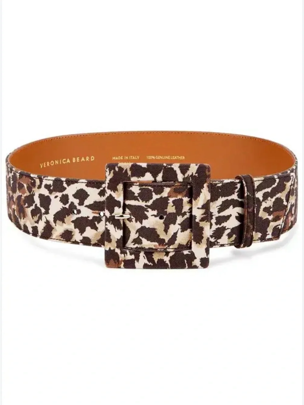 Veronica Beard Rickie Brown Animal Print Canvas Leather Statement Belt Large